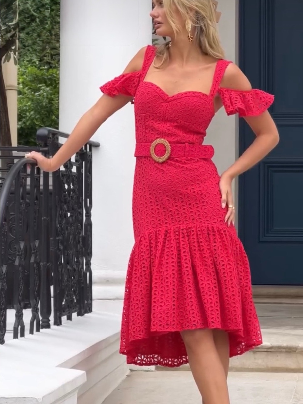 NADINE MERABI Red Cold-Shoulder Lace High-Low Midi Dress with Belt